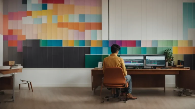 a person sits at a desk, thoughtfully studying a colorful chart on a computer screen.