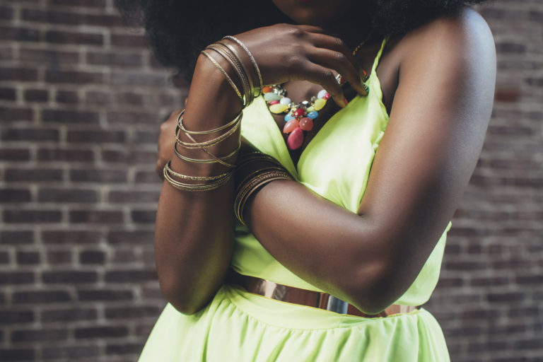 Woman wearing bracelets, close-up