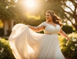 a radiant plus-size bride twirls gracefully in a lush garden, her flowy wedding dress catching the soft golden light of sunset.