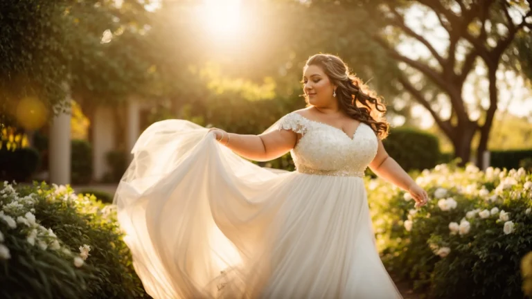 a radiant plus-size bride twirls gracefully in a lush garden, her flowy wedding dress catching the soft golden light of sunset.