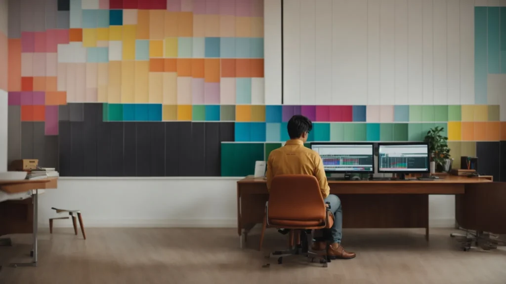 a person sits at a desk, thoughtfully studying a colorful chart on a computer screen.