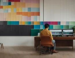 a person sits at a desk, thoughtfully studying a colorful chart on a computer screen.