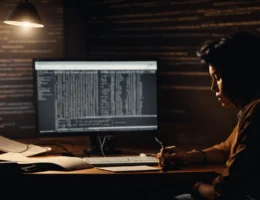a person speaks into a microphone attached to their computer, surrounded by notes and a glowing screen displaying word processing software.