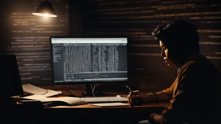 a person speaks into a microphone attached to their computer, surrounded by notes and a glowing screen displaying word processing software.