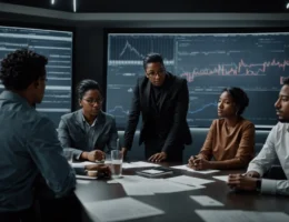 a diverse group of professionals gathers around a large screen displaying graphs and flowcharts, nodding in agreement.