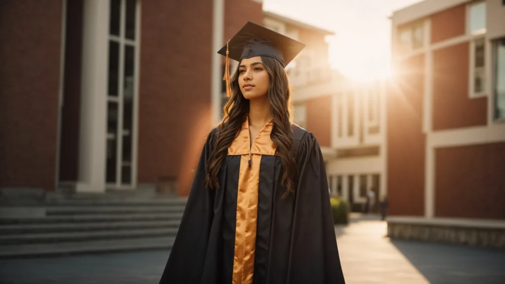 a student stands proudly in a graduation cap and gown, holding a diploma against a backdrop of a sunlit university campus.