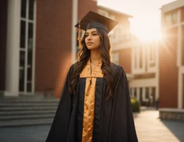 a student stands proudly in a graduation cap and gown, holding a diploma against a backdrop of a sunlit university campus.