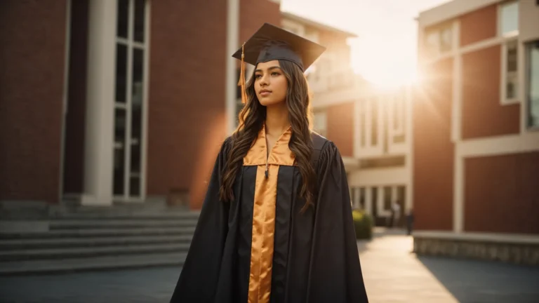 a student stands proudly in a graduation cap and gown, holding a diploma against a backdrop of a sunlit university campus.