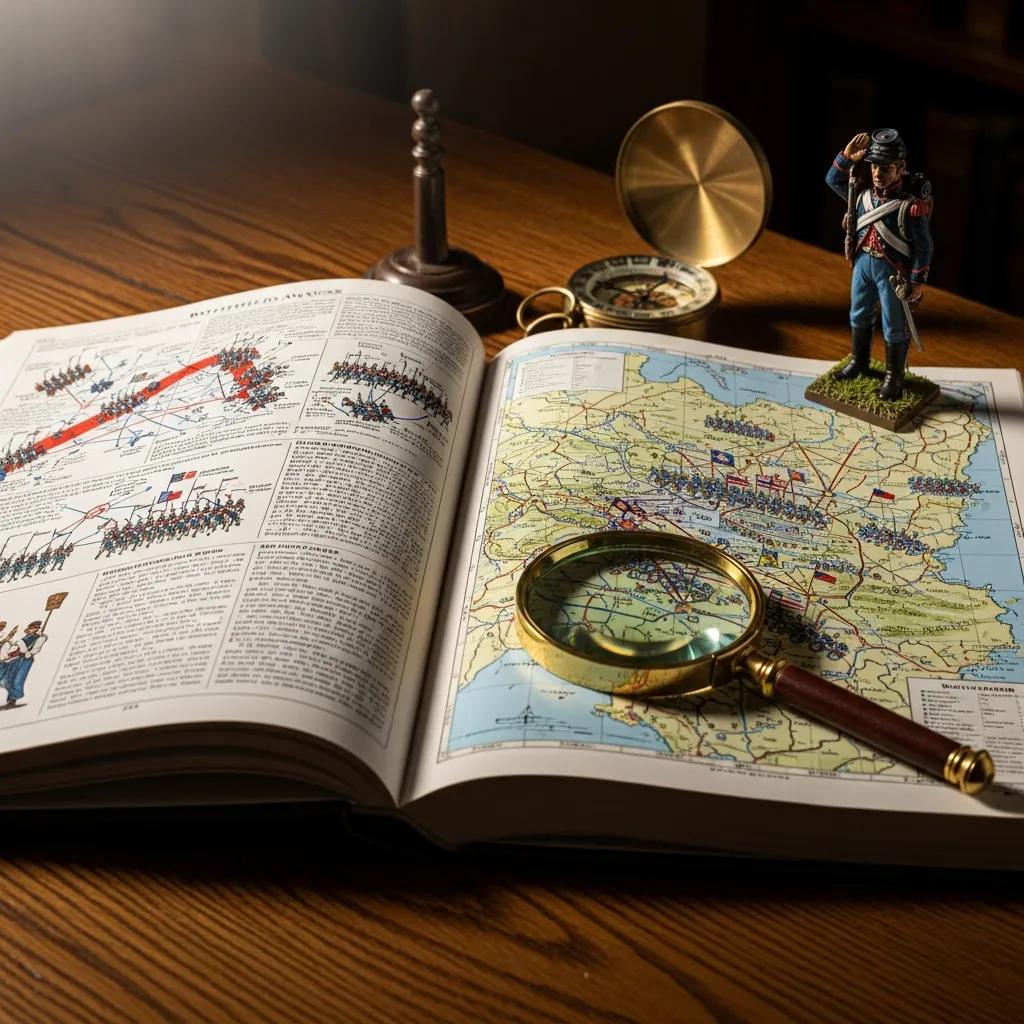 Battlefield analysis book open to a colorful map, with a magnifying glass and historical artifacts