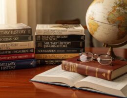 Collection of military history books on a wooden table with a vintage globe and reading glasses