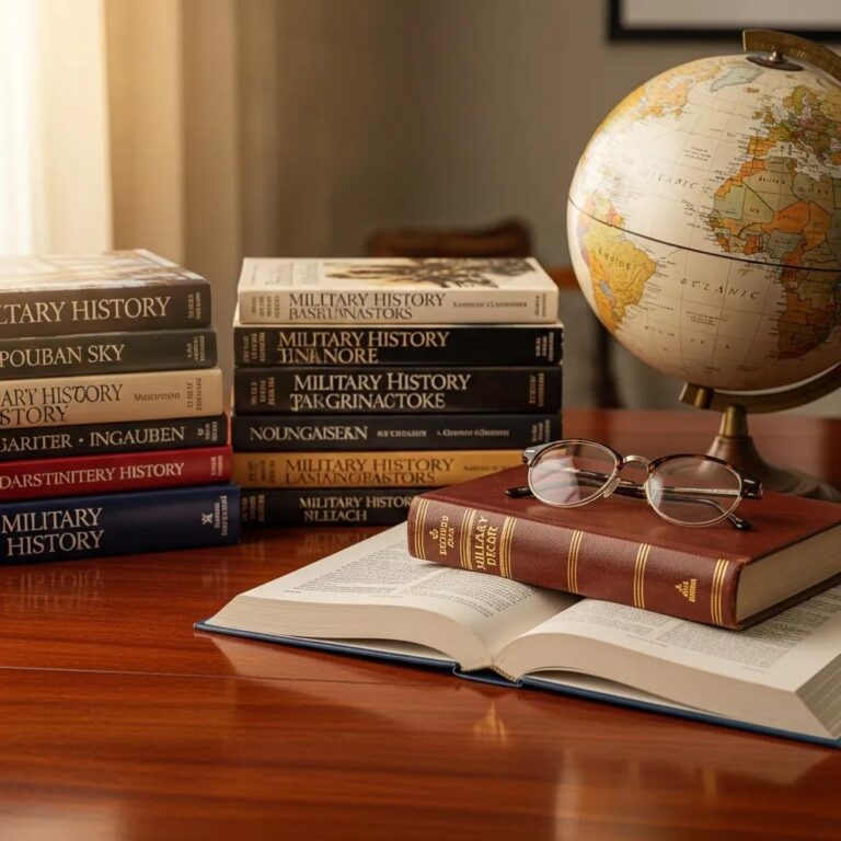 Collection of military history books on a wooden table with a vintage globe and reading glasses