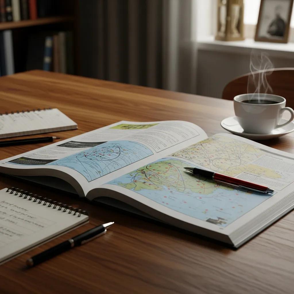 Open military strategy manual on a desk with diagrams and maps, surrounded by a notepad and coffee