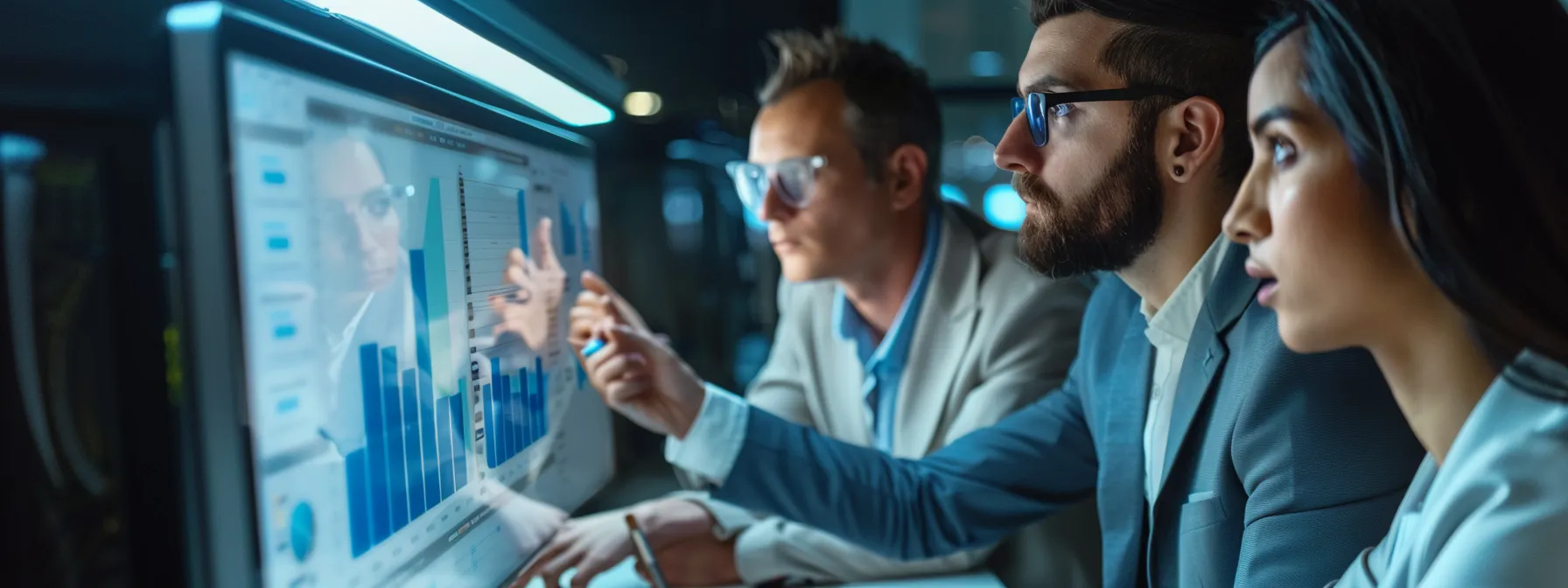 a group of business professionals gathered around a computer screen, selecting the right ai enablement platform for their company's future growth and success.