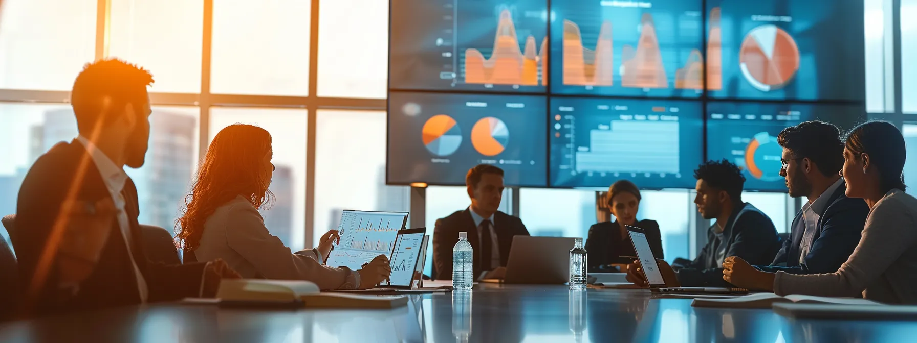 business professionals sitting around a conference table, examining charts and graphs while engaged in a lively discussion about the benefits of an ai enablement platform and vendor support.