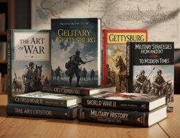 Collection of military history books showcasing key titles and themes