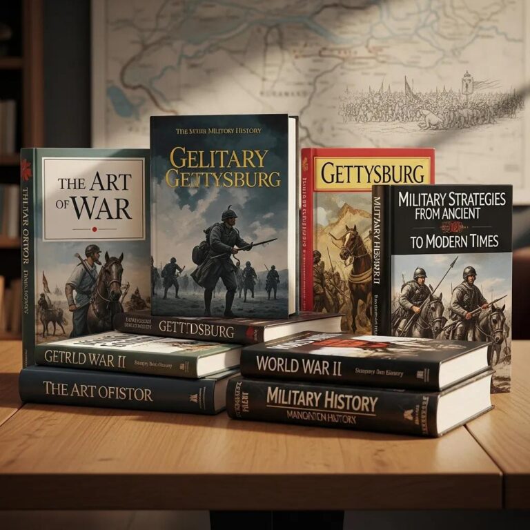 Collection of military history books showcasing key titles and themes