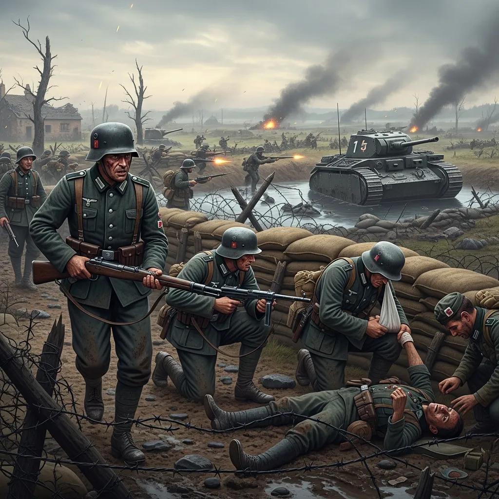 Dramatic battlefield scene depicting soldiers in action during World War