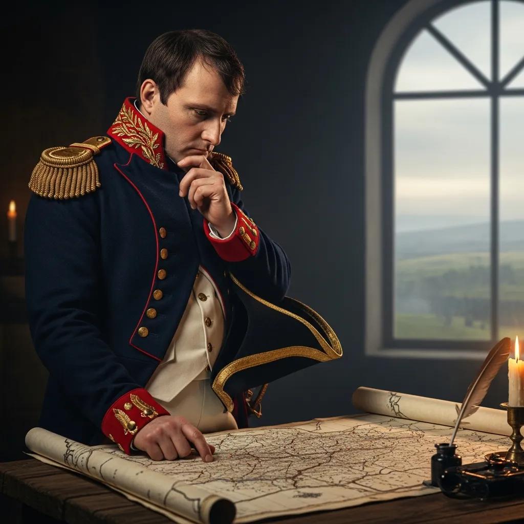 Historical military leader contemplating strategy in a battlefield setting
