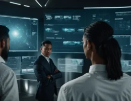 a group of entrepreneurs gathers around a large screen displaying a futuristic artificial intelligence interface.