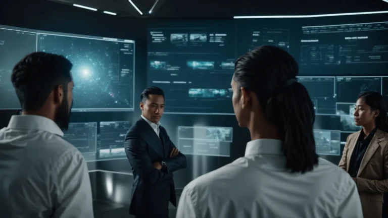 a group of entrepreneurs gathers around a large screen displaying a futuristic artificial intelligence interface.